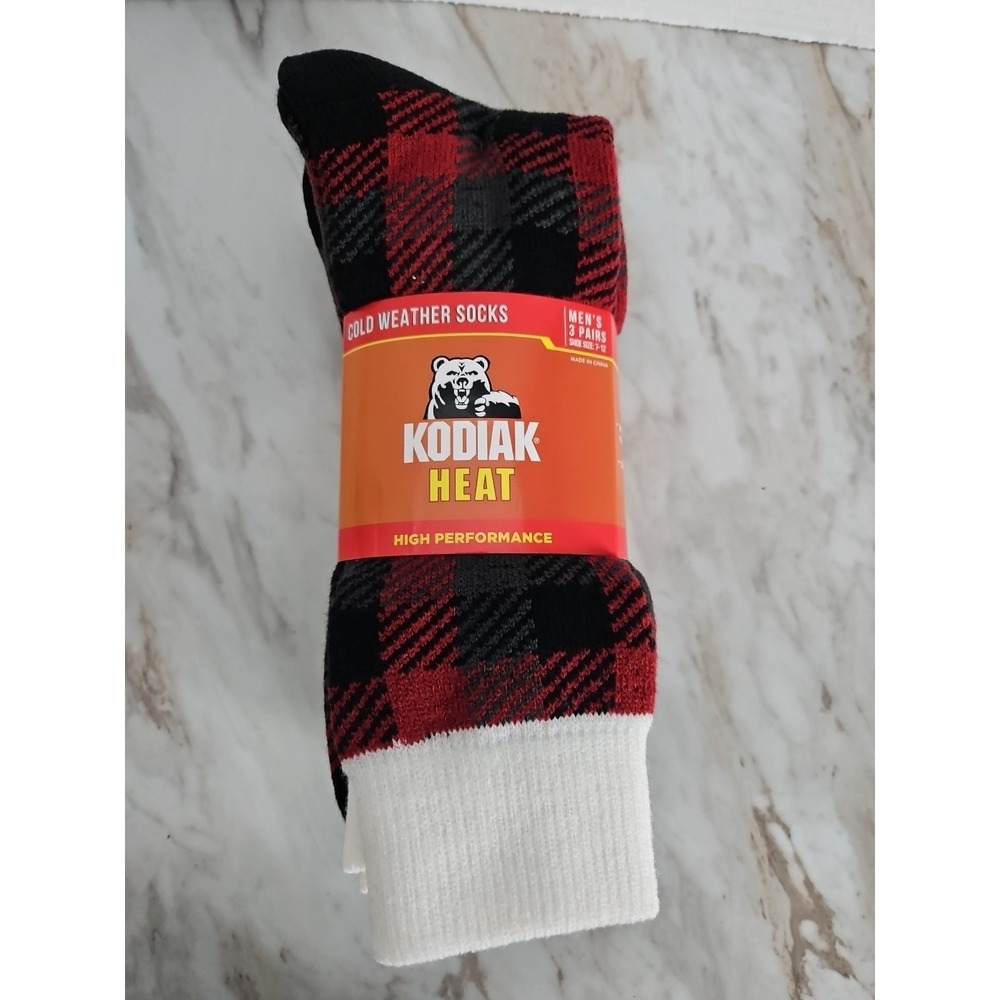 KODIAK Heat Cold Weather Socks Men's Size 7-12 Set of 3 Red Plaid With Black
